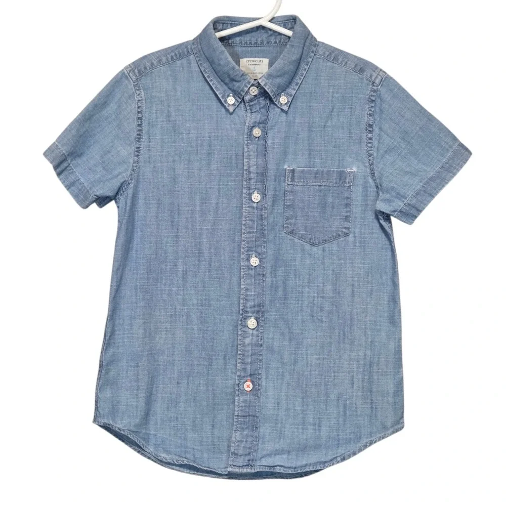 Crewcuts Chambray Short Sleeve Button Down Shirt‎ Boys 6/7 Preppy Blue Cotton